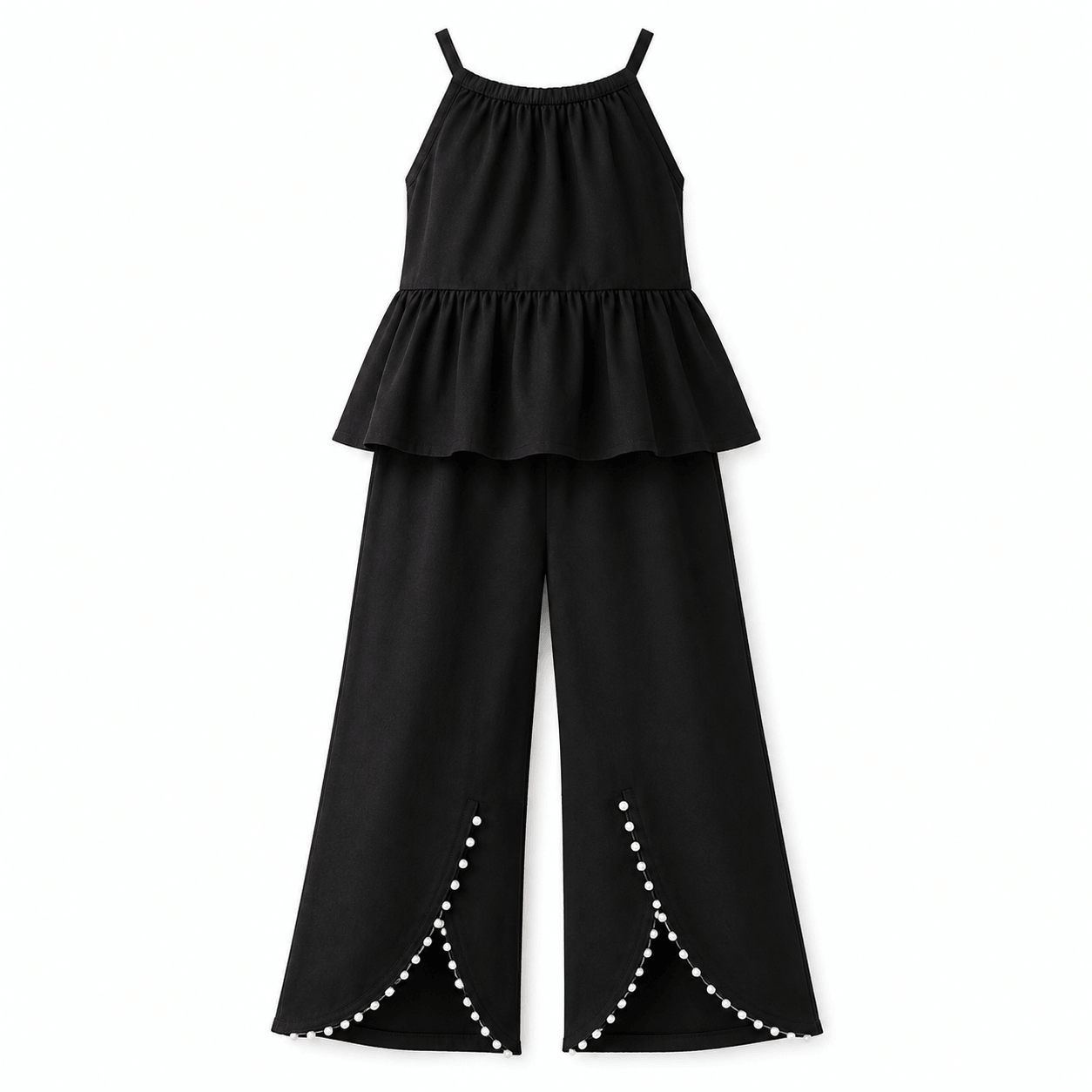 Black Halter Top and Button-Trimmed Wide-Leg Pants