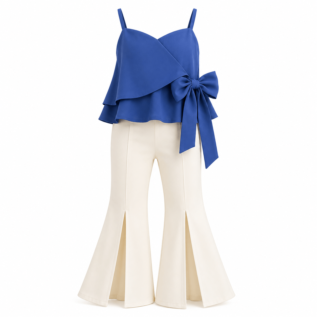 Blue Bow Top and Ivory Split-Flare Pants