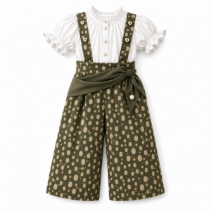 Child-sized polka dot suspender romper