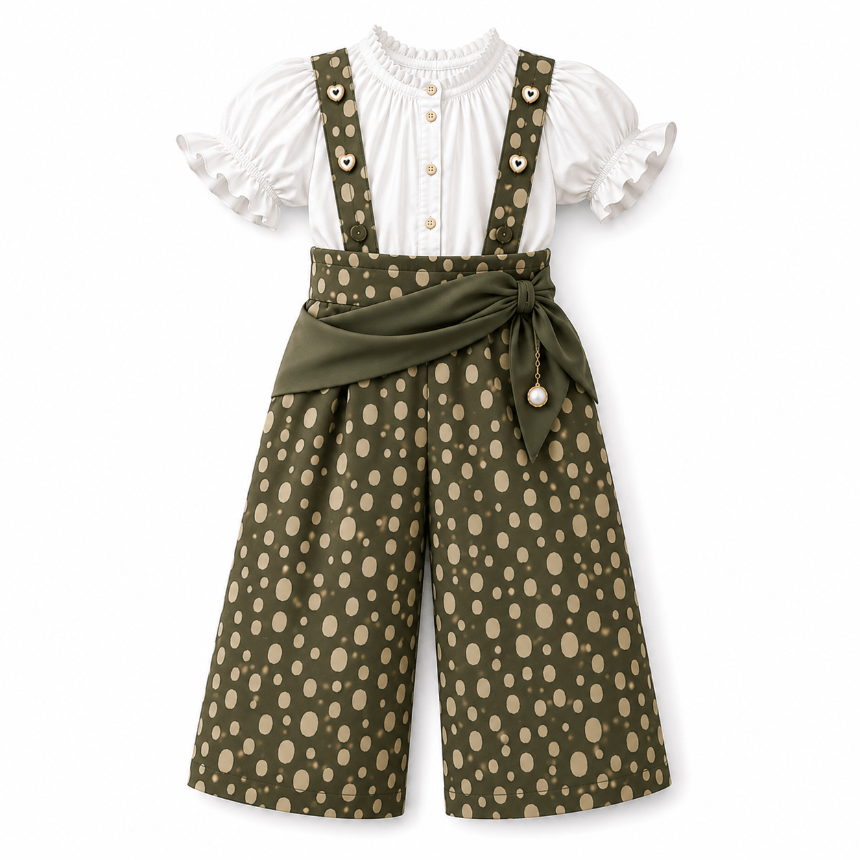 Child-sized polka dot suspender romper