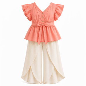 Coral Blouse and Ivory Layered Pants