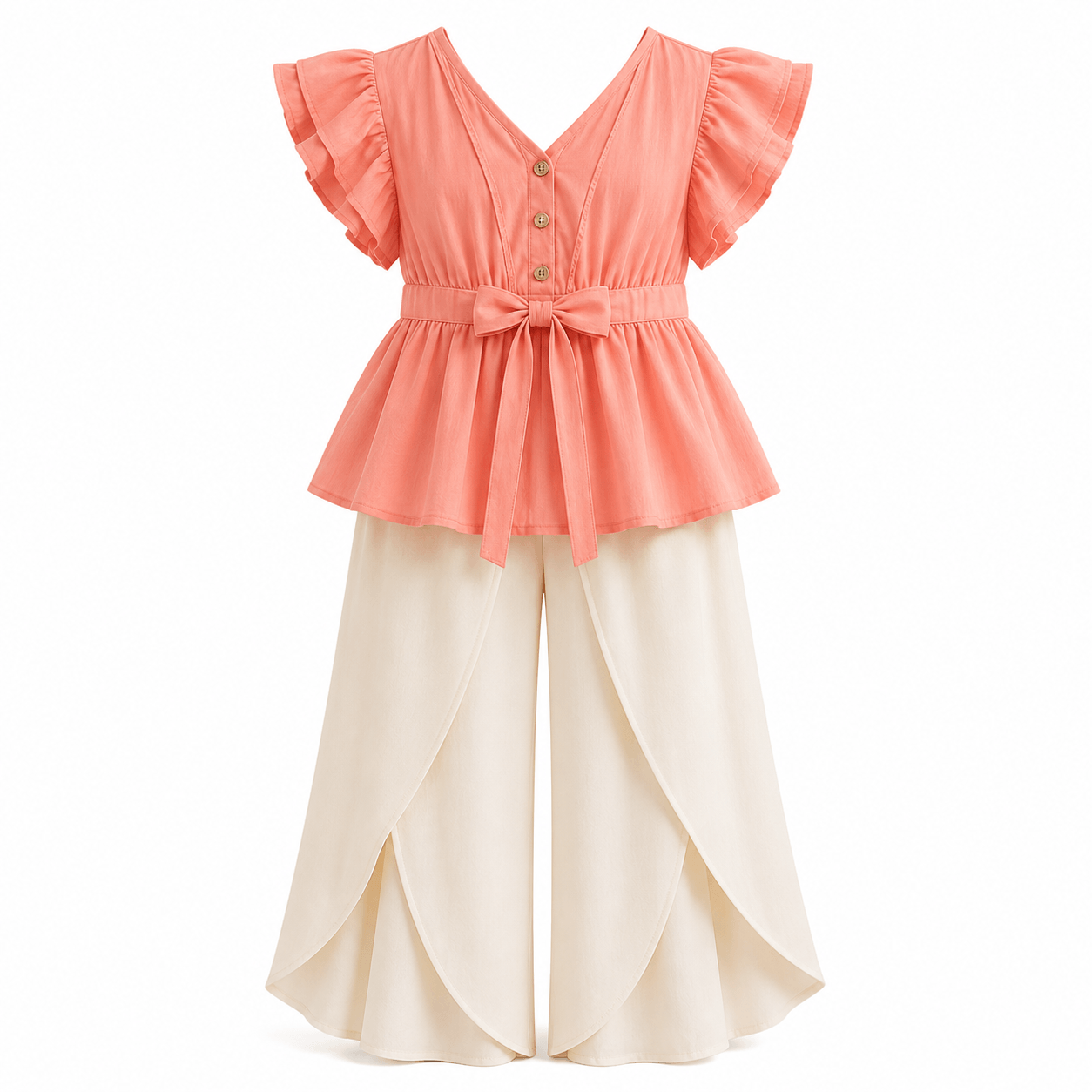 Coral Blouse and Ivory Layered Pants