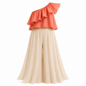 Coral Ruffle Top and Ivory Palazzo Pants
