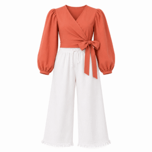 Coral Wrap Top and Fringed White Pants