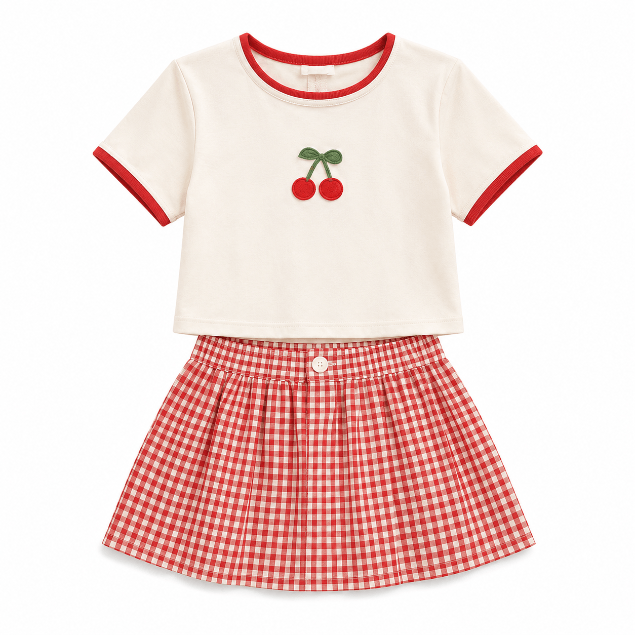 Cream Tee and Gingham Skirt Set