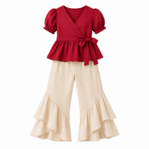 Elegant Maroon Wrap Top and Ruffled Trousers