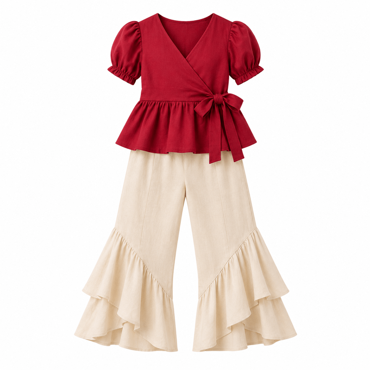 Elegant Maroon Wrap Top and Ruffled Trousers