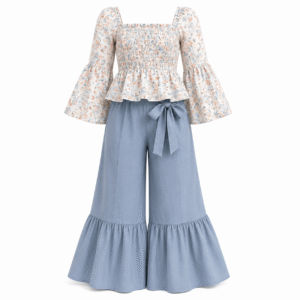Floral Blouse and Ruffled Blue Palazzo Pants