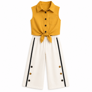 Mustard Tie-Front Set with Striped Pants