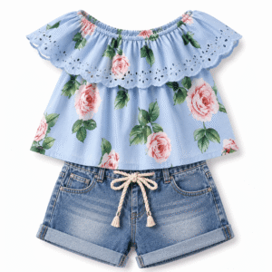 Pastel Floral Outfit with Denim Shorts - Best Price - MGOIS