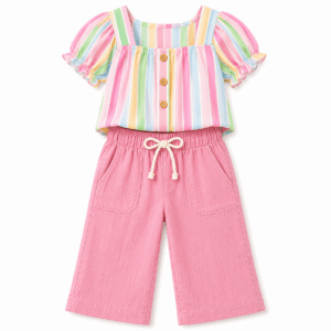Pastel striped casual outfit flat-lay
