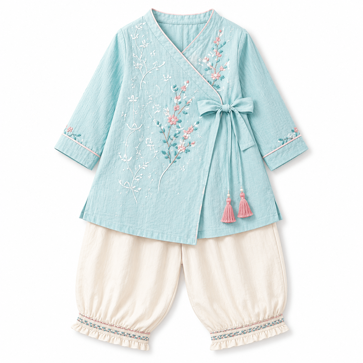 Pastel wrap tunic and cream trousers