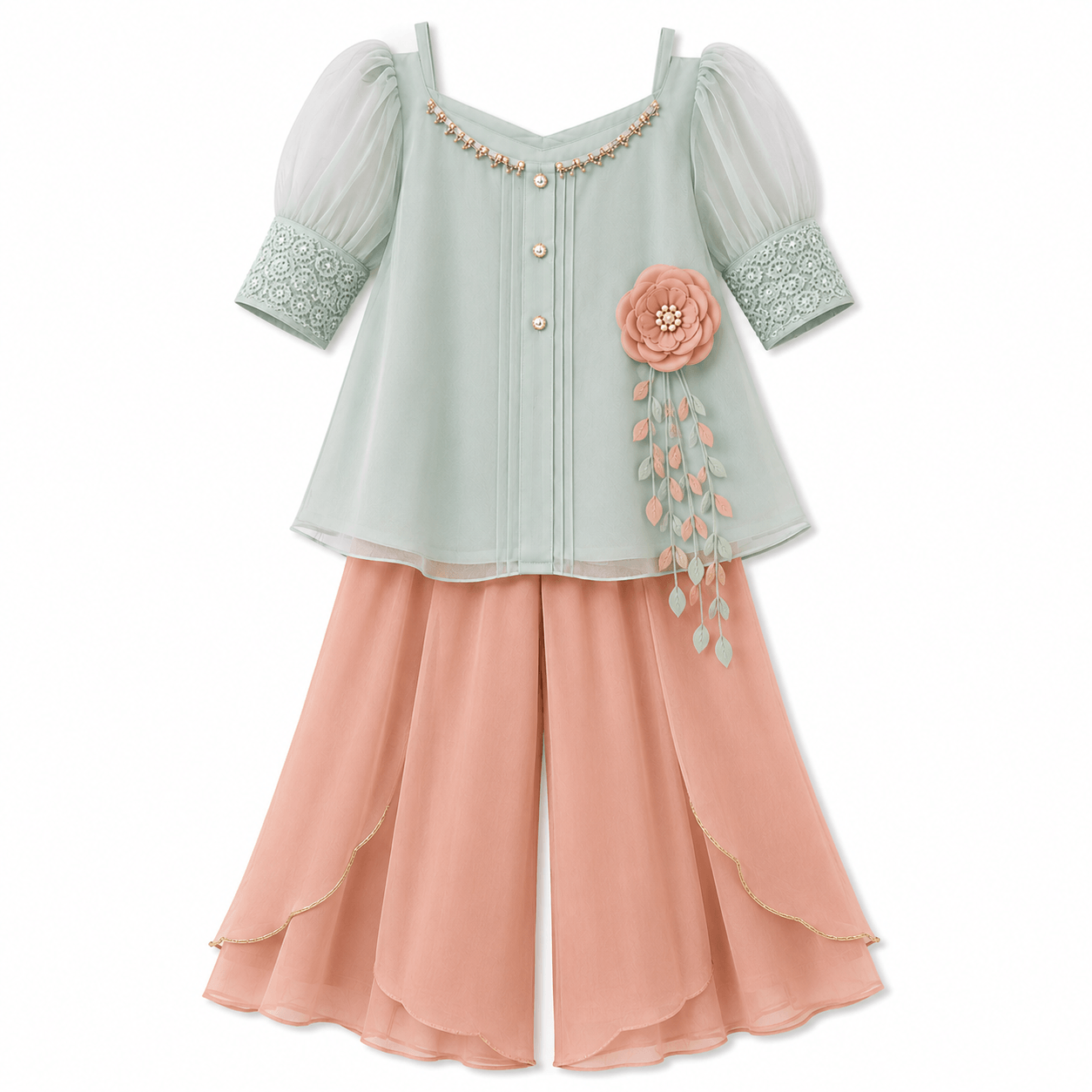 Puff-Sleeve Tunic with Layered Sharara