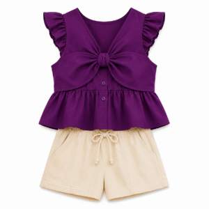 Purple Ruffled Top and Beige Shorts