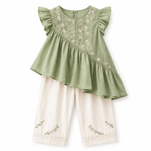Sage green and cream ruffled dress