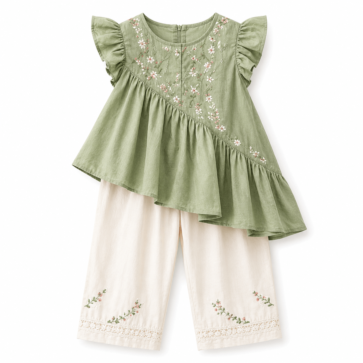 Sage green and cream ruffled dress