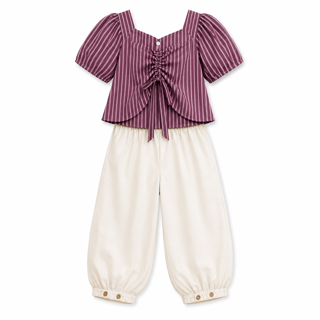 Striped Plum Top and Cream Balloon Pants