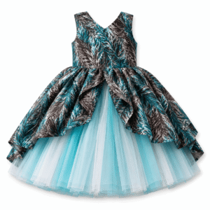 Turquoise Feather-Print Tulle Ballgown