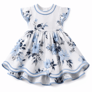 White dress with blue floral print