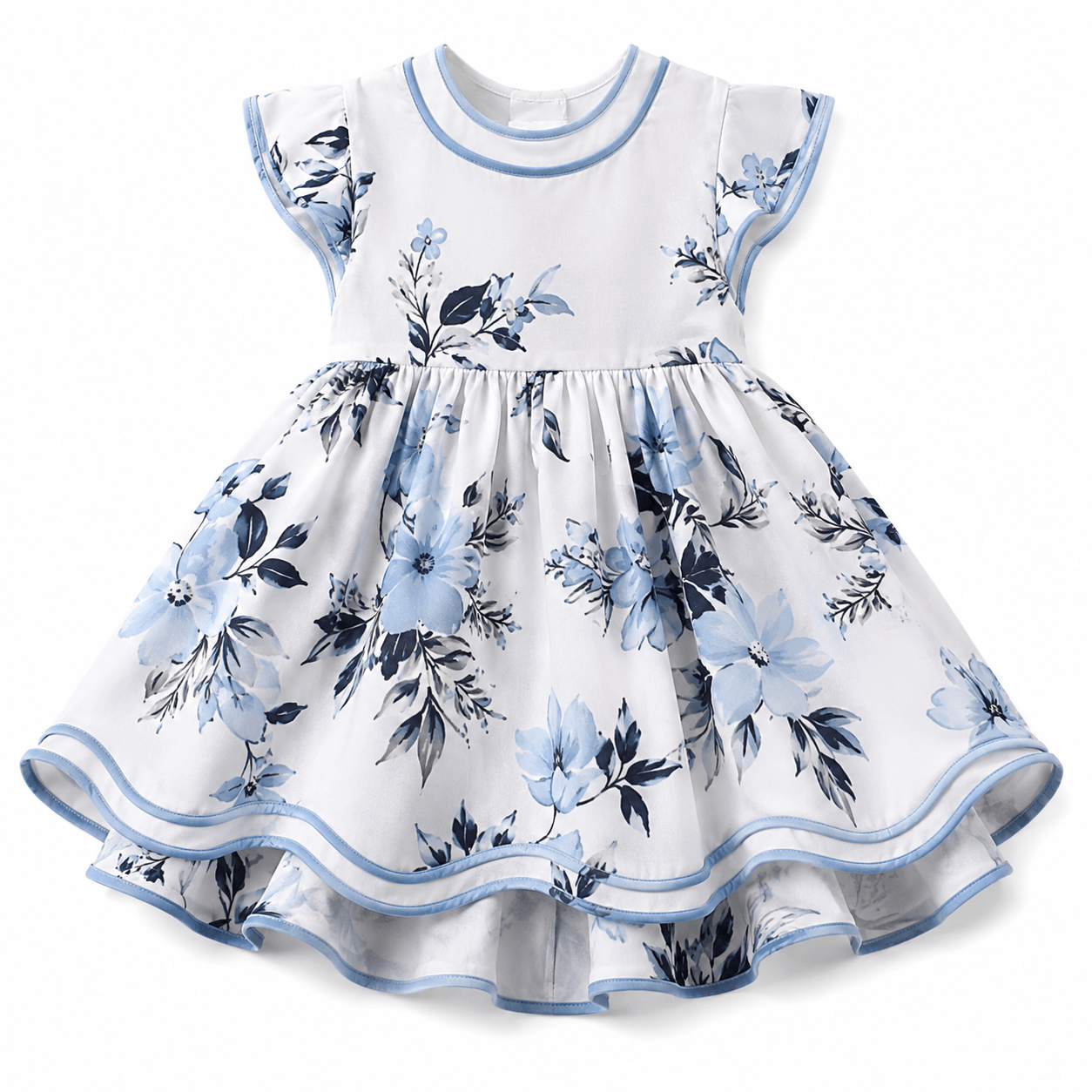 White dress with blue floral print