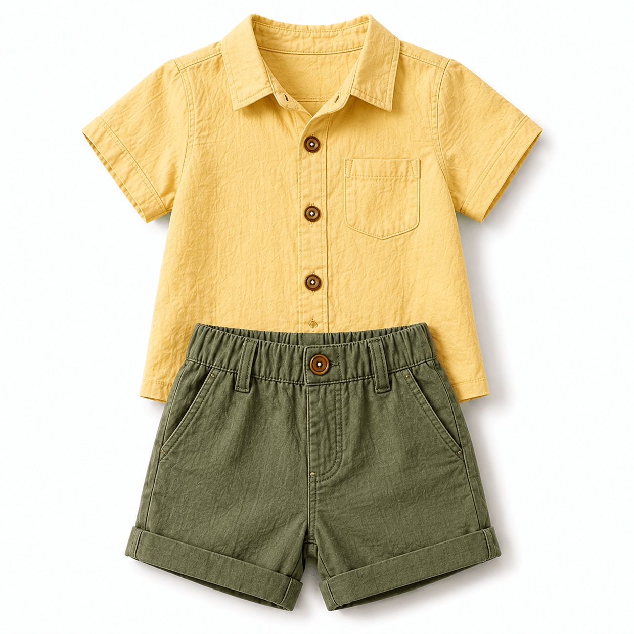 Yellow Shirt and Olive Shorts