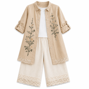 Beige Botanical Kids’ Outfit with Lace Trim