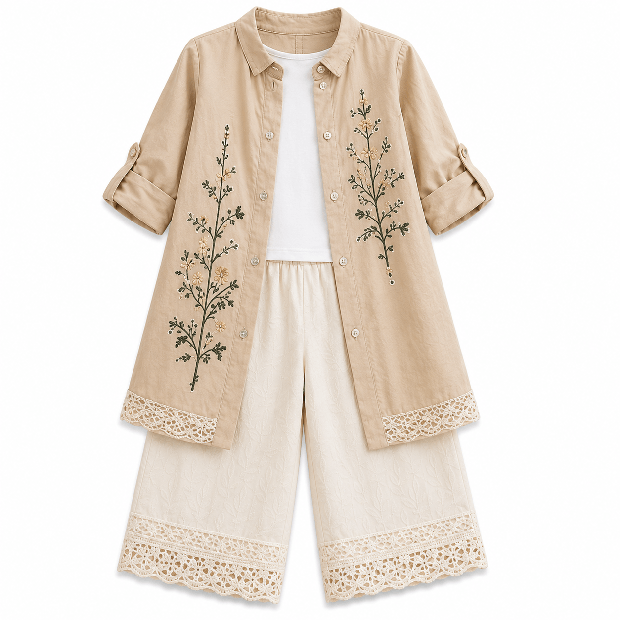 Beige Botanical Kids’ Outfit with Lace Trim