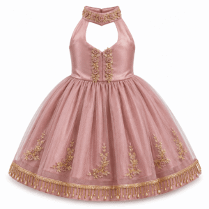 Blush Satin Princess Dress with Gold Embroidery