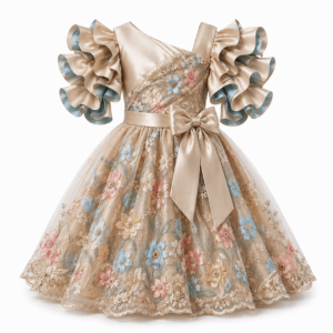Champagne Floral Ruffle Party Gown