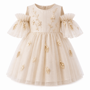 Champagne Pearl-Embroidered Flower Girl Dress