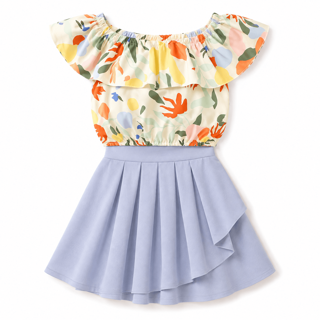 Colorful Ruffle Top and Lilac Skirt Set