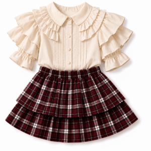 Cream Ruffled Blouse with Burgundy Plaid Skirt