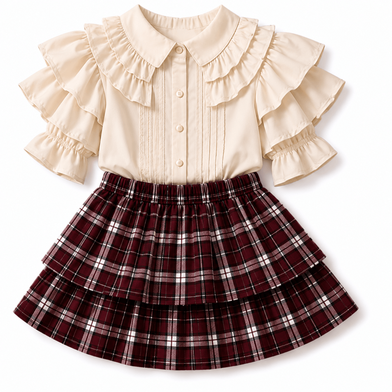Cream Ruffled Blouse with Burgundy Plaid Skirt
