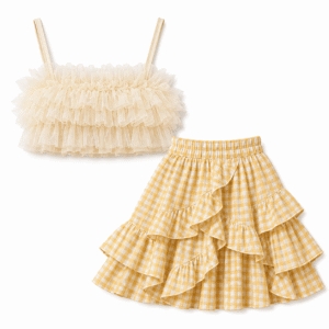 Cream Ruffled Cami and Gingham Skirt