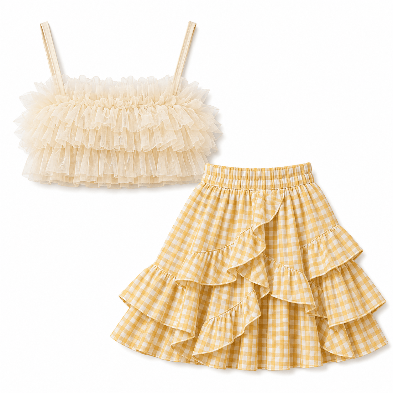 Cream Ruffled Cami and Gingham Skirt