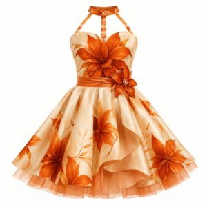 Cream and Orange Floral Halter Dress