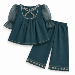 Elegant Teal Embroidered Girls’ Ensemble