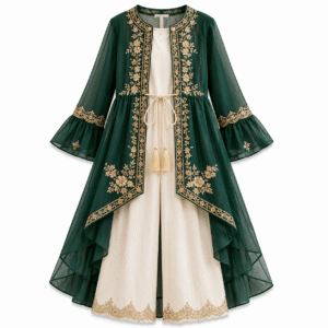 Emerald Gold-Embroidered Layered Ensemble