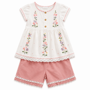Floral Blouse and Lace-Trimmed Shorts Set