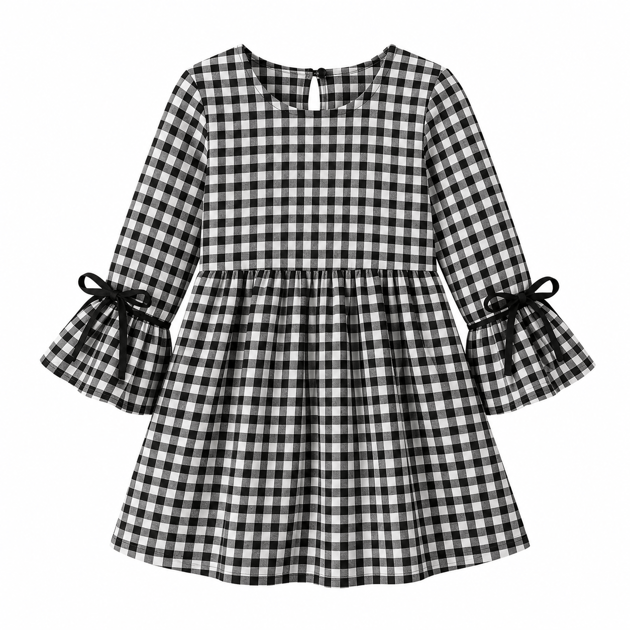 Gingham Dress with Ribbon Cuffs