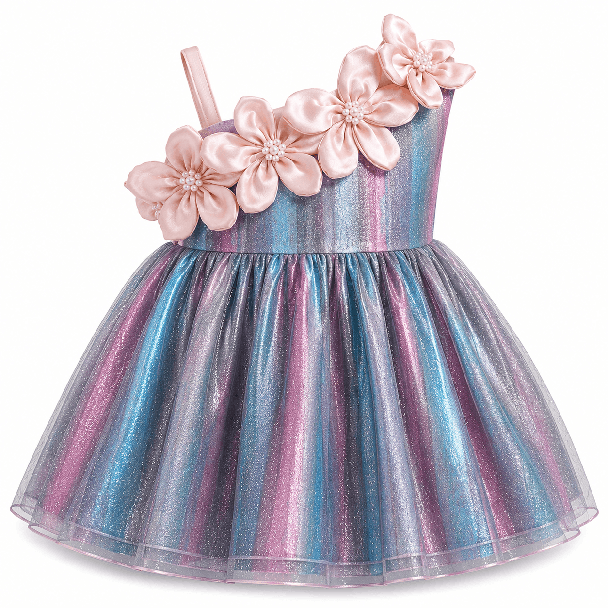 Iridescent Floral One-Shoulder Party Dress