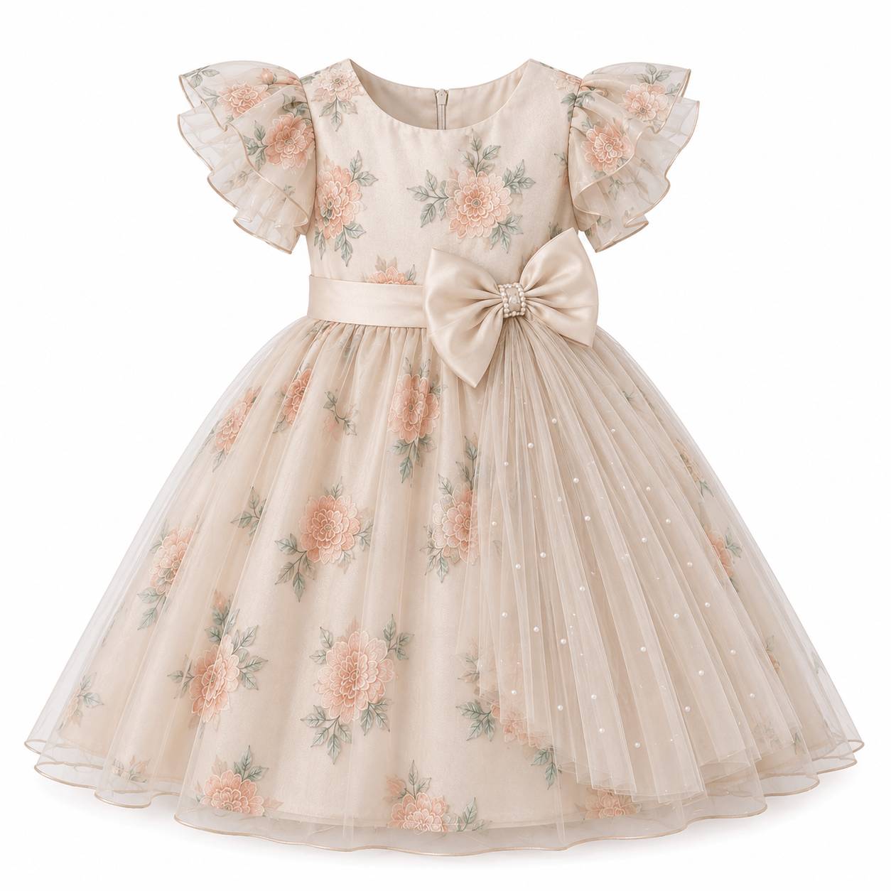 Ivory Floral Tulle Party Dress