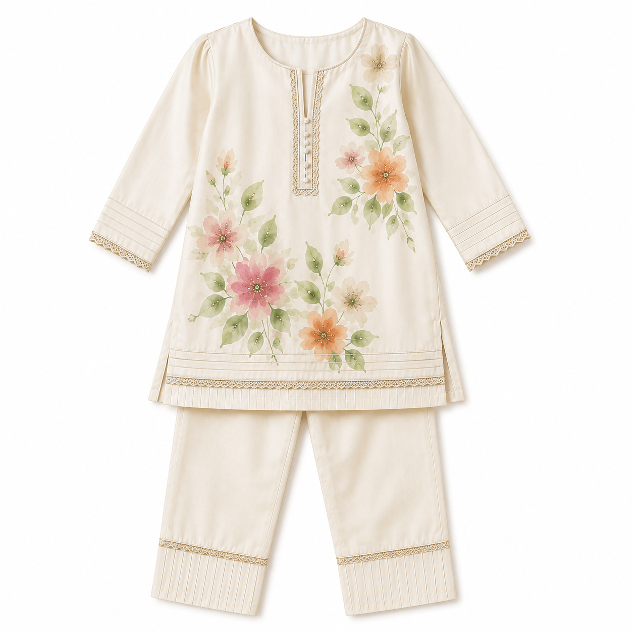 Ivory Floral Tunic and Pants Set