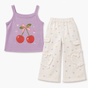 Lavender Cherry Top and Heart-Print Pants