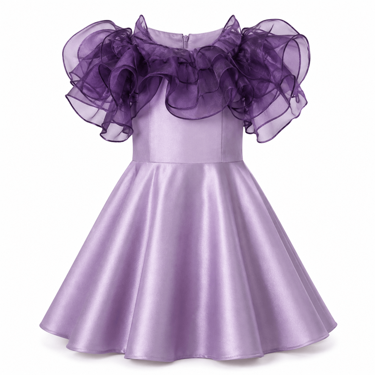Lavender Satin Dress with Dramatic Ruffles