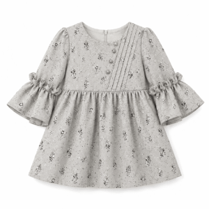 Light Gray Floral Ruffle-Sleeve Dress