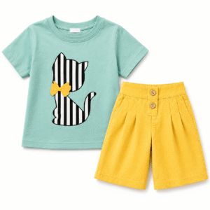 Mint Cat Tee and Golden Shorts Set