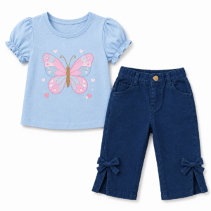 Pastel Butterfly Top and Denim Pant Set