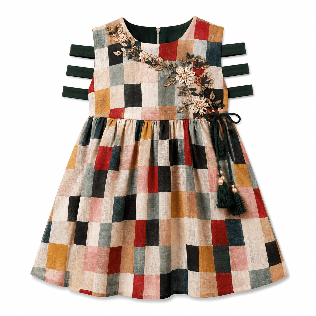 Patchwork Green-Strap Embroidered Dress