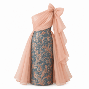 Peach Bow and Blue-Gold Brocade Dress